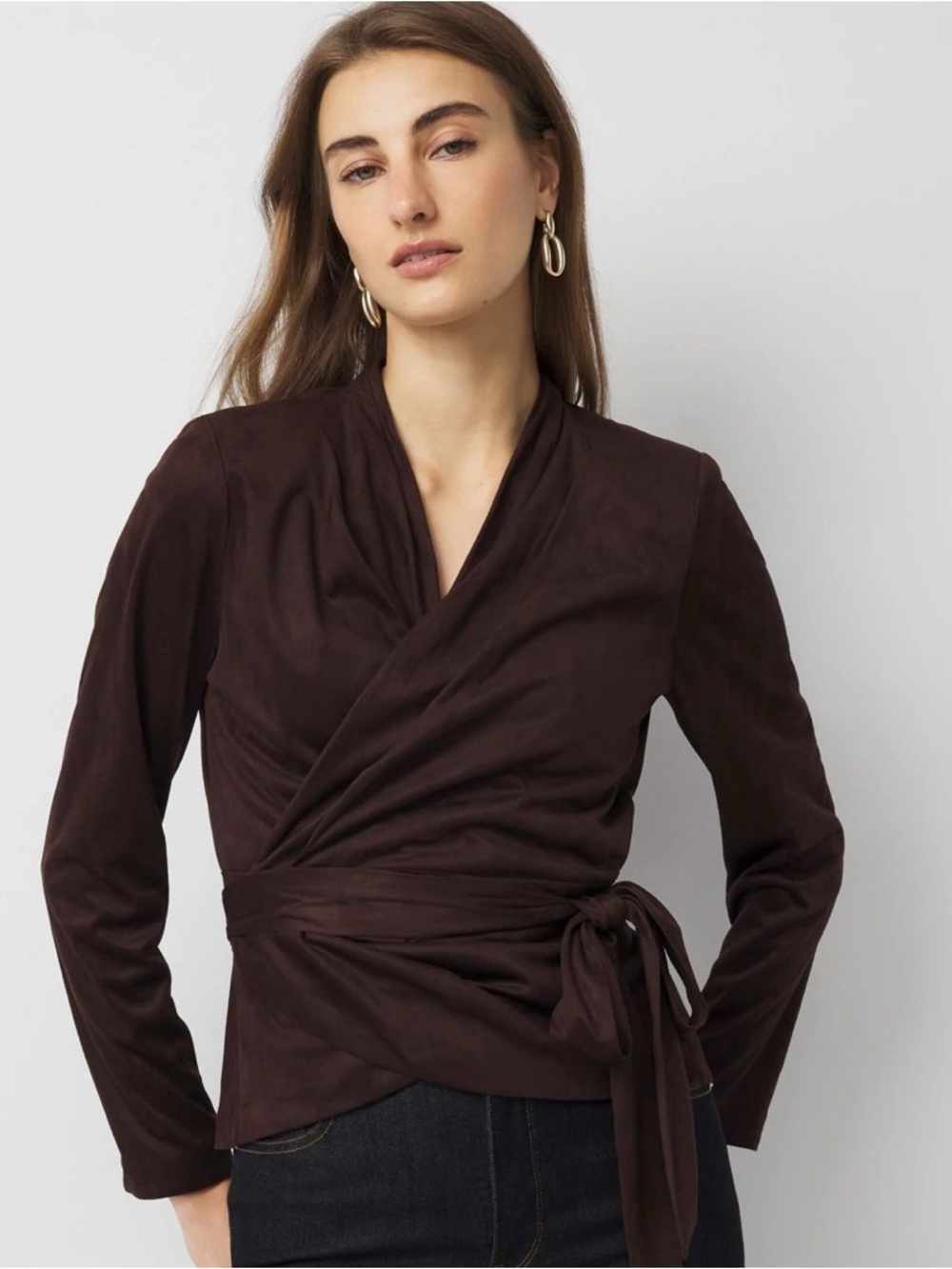 White House Black Market Espresso Brown Suede-Look Wrap Blouse